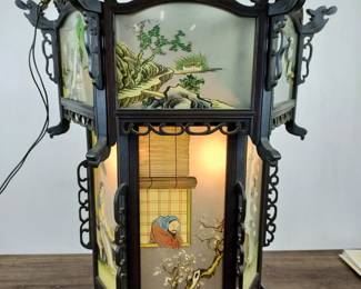 Lot 605: Antique Chinese Hanging Chandelier Lantern with Reverse-Painted Glass Panels - Late 19th/Early 20th Century