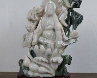 Lot 676: Asian Jade Guan Yin/Kwan Yin Carving on Custom Wood Pedestal