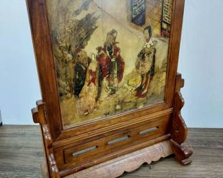 Lot 798: Antique Chinese Hand-Painted Guohua Scene and Calligraphy on Stone Table Screen