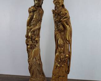 Lot 629: Pair of Vintage Gilded Carved Wood Statuary - Guan Yin and Shou Xing