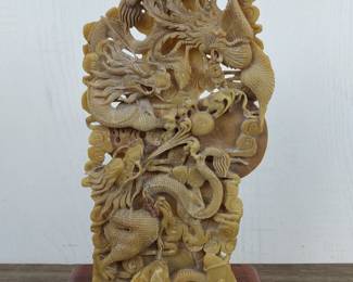 Lot 686: Shoushan Double Dragon and Phoenix Carved Statue with Stand