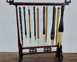 Lot 868: Rosewood Calligraphy Brush Stand with 11 Calligraphy Brushes