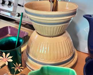 Blue banded yellow ware pottery bowls