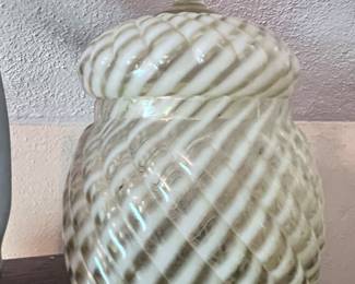 Stunning opalescent glass swirl covered jar -