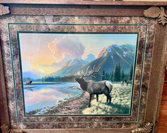 Large Elk & Mountains framed art - wooden rustic frame