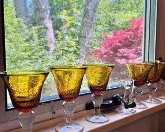 Set of 6 large Amber Glass Goblets Stemmed Glasses