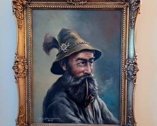 1959 Signed Oil by German Painter of Old Man with a Pipe