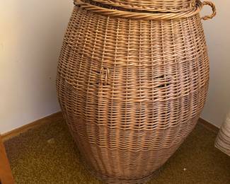 Antique German Covered Wicker Laundry Basket 