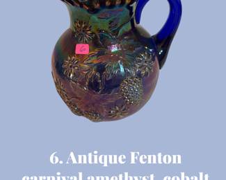 6. Antique Fenton carnival amethyst, cobalt glass water pitcher floral grap variant