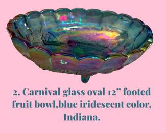 2. Carnival glass Oval 12" footed fruit bowl, blue iridescent color, Indiana