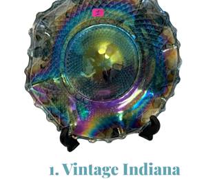1. Vintage Indiana iridescent blue carnival glass ruffle bowl/plate
