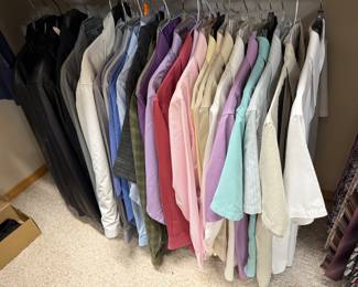 Men' suits, 40S & 40Reg, slacks 32/29-32/30, shirts medium and 15.5/32-33, and medium, shoes & boots size 8-9 medium