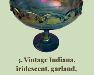 3. Vintage Indiana iridescent garland carnival glass, compote, large fruit pedestal
