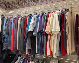 Men' suits, 40S & 40Reg, slacks 32/29-32/30, shirts medium and 15.5/32-33, and medium, shoes & boots size 8-9 medium