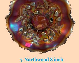 7. Norwood 8" Carnival glass strawberry bowl with basket weave back