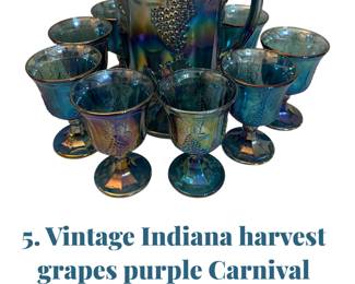 5. Vintage Indiana harvest grapes purple Carnival glass water pitcher and 9 goblets
