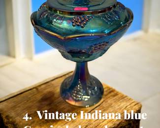 4. Vintage Indiana blue carnival glass, harvest grape, pedestal