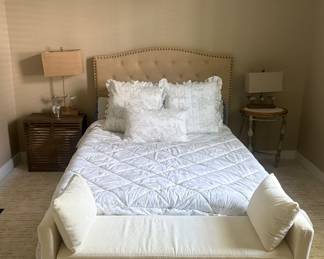 Queen size fabric headboard & new bedding