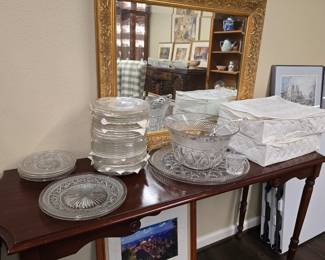 Imperial Cape Cod Depression glass punch bowl set with 2 cases of cups, punch bowl with platter and ladle, 8" plates and more