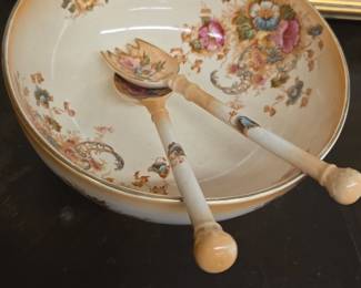 antique Edwardian salad bowl with matching salad fork & spoon