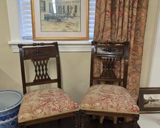 Edwardian chairs in exquisite condition...beautifully carved, and sturdy, with peacock motif cushions
