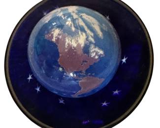 Earth paperweight with galaxy cobalt bowl signed Lundberg Studios 1993