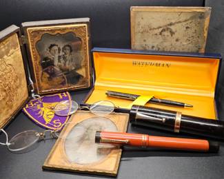 Byrd high school, Parker fountain pen, Waterman, antique glasses and pince nez (showcase)