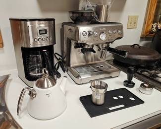 Breville Barista Express espresso machine, accessories by Crema and Normcore, Chantal kettle
