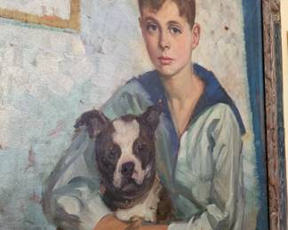 Detail, boy and his boston terrier, Oil on canvas by Roy C. Gamble