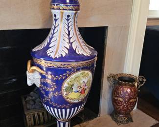 Monumental Hand-Painted Porcelain Urn with Lid