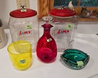 Vinage Lance counter jars, murano glass bowl, vaseline glass, Blenko? decanter