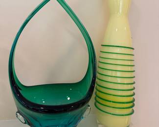 MCM Blue & Green Cross Arm Basket & Alicja Modern Design Art Glass Vase