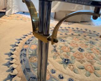 Brass & Chrome Base MCM Hollywood Regency Glass Top Round Coffee Table (36"D x 18"H)