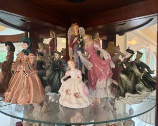 Florence Ceramics "Aibaly" Porcelain Figurine (Far Left), Royal Daulton "Winter Lady" Porcelain Figurine (Green), Lenox "Angel of Peace" Porcelain Figurine (Middle Back), Lenox "Cinderella Legendary Princess" Porcelain Figurine,