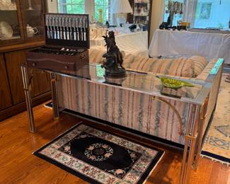 Brass & Chrome Hollywood Regency Rectangular Glass Top Console Table (15"D x 60"W x 27"H)