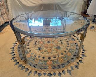 Brass & Chrome Base MCM Hollywood Regency Glass Top Round Coffee Table (36"D x 18"H)