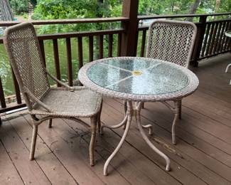 Vintage Wicker Outdoor Patio Table (32"D x 27-1/2"H) with 2 Wicker Side Chairs