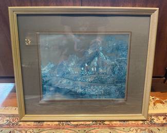 Framed Original Lithograph of Landscape by Carl Valente