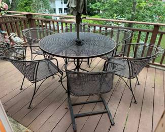 MCM Salterini Outdoor Round Patio Table (47"D x 28-1/2"H) with Salterini Armchairs (4 total) & Rocker Armchairs (2 Total)