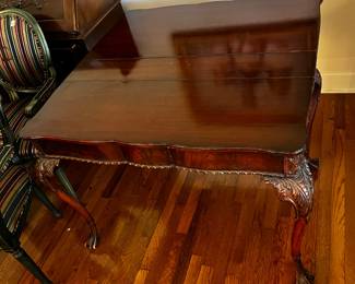 #9 game/ dining table with claw feet leather top pull out legs to make it dining table need leaves 20-60x40x30 $200.00