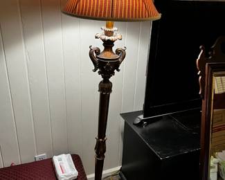 #53 62 inch floor lamp with red gold shade $30.00