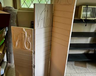 #71 3 panel white painted screen with people carved on top panel 16x72-42 tall $120.00