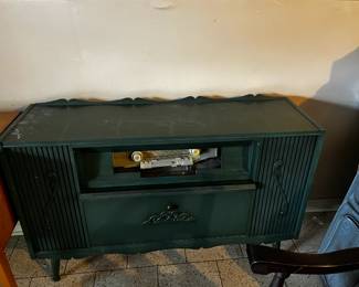 #66 vintage stereo painted green with turntable 48x15x30 $65.00