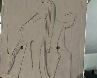 #71 3 panel white painted screen with people carved on top panel 16x72-42 tall $120.00