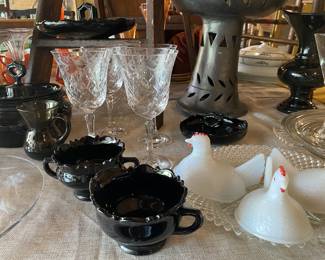 Vintage black glass & chicken covers