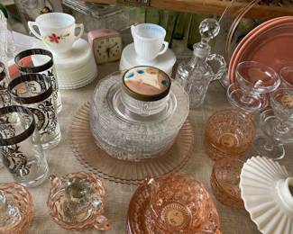Pink depression glass and white glassware
