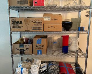 Party supplies (glassware, plates, bowls, pitchers, napkins)