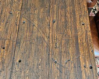 Detail of dining table; authentic rail car wood