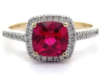 NEW! 0.15 Carat Ruby & Pavé Natural Diamond Halo Ring in 14k Yellow Gold