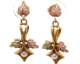 Black Hills Gold Pearl Drop Dangle Earrings in Tri-Color Gold